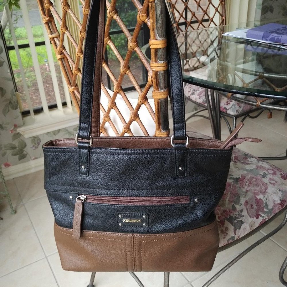 Black Brown Leather Handbag Shoulder Bag Purse EUC